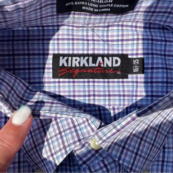 Kirklands Signature Mens Button Down Long Sleeve Purple Blue Pin Striped 16.5-35 - Picture 2 of 5